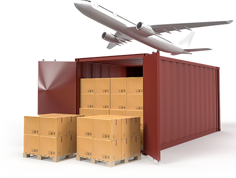 Airplane flying above a shipping container with boxes